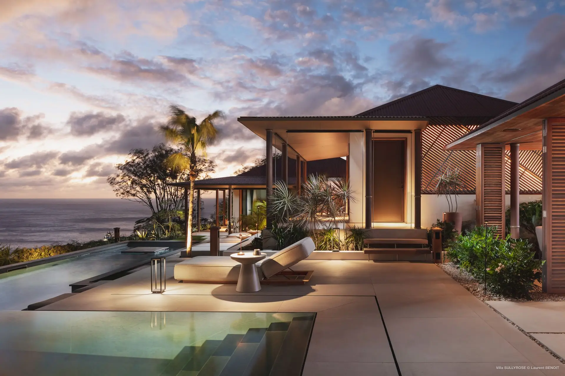 Maison Sully Rose terrace and pool at sunset