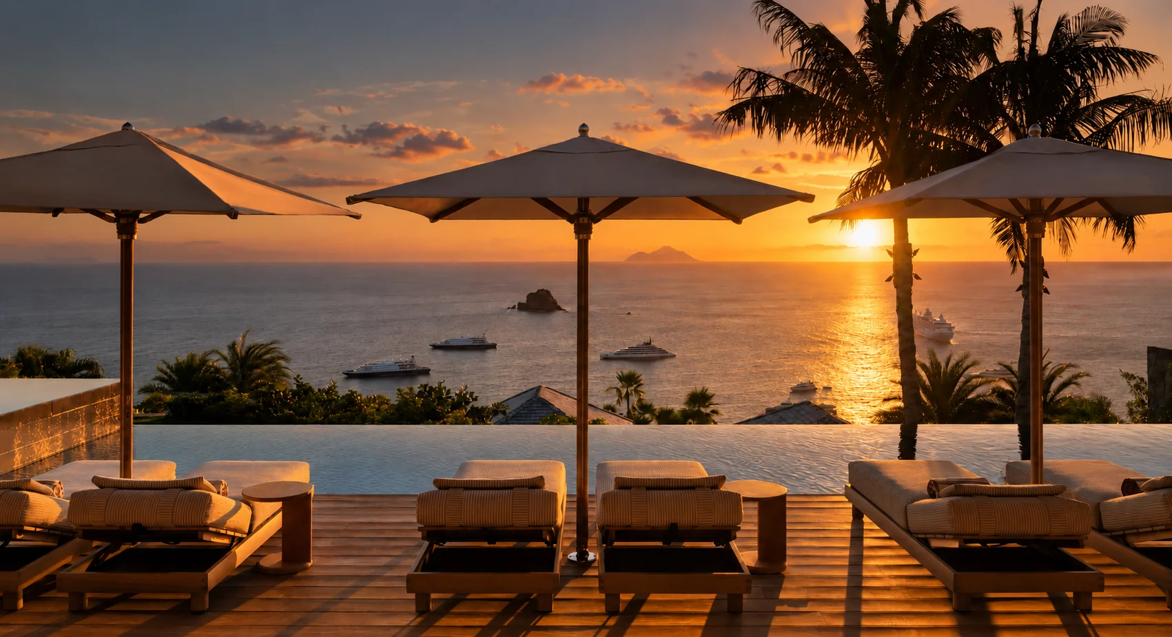 Saint-Barthélemy sunset over a villa terrace and the Caribbean Sea