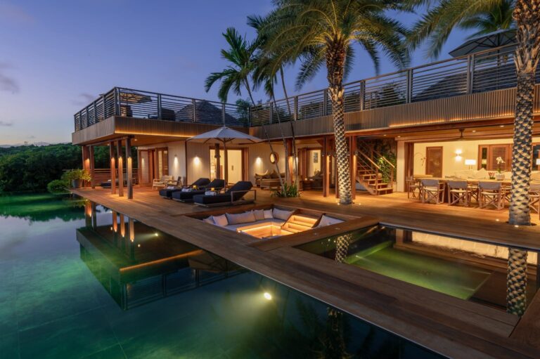 Villa Aura illuminated pool terrace at dusk