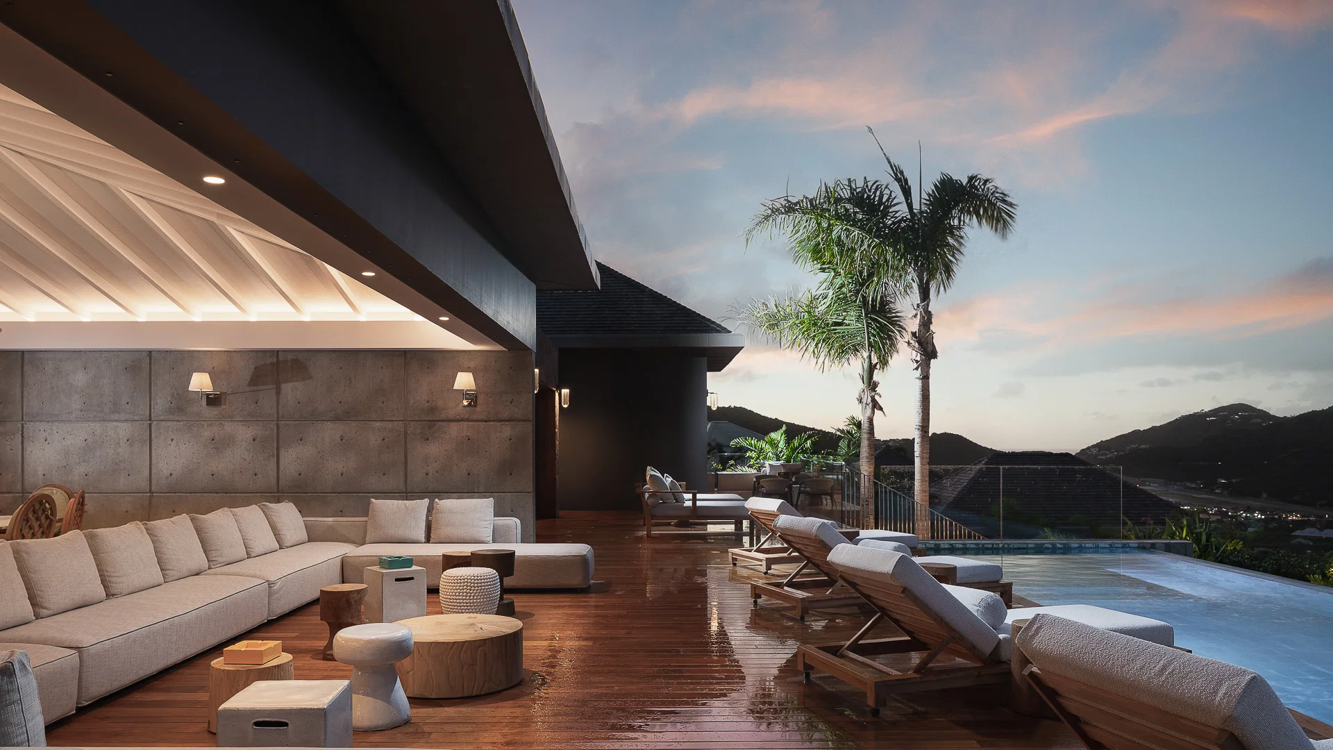 Villa Unik pool terrace at dusk